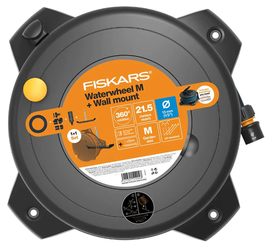 Fiskars Slangvinda Waterwheel Solid™ 20m + väggfäste